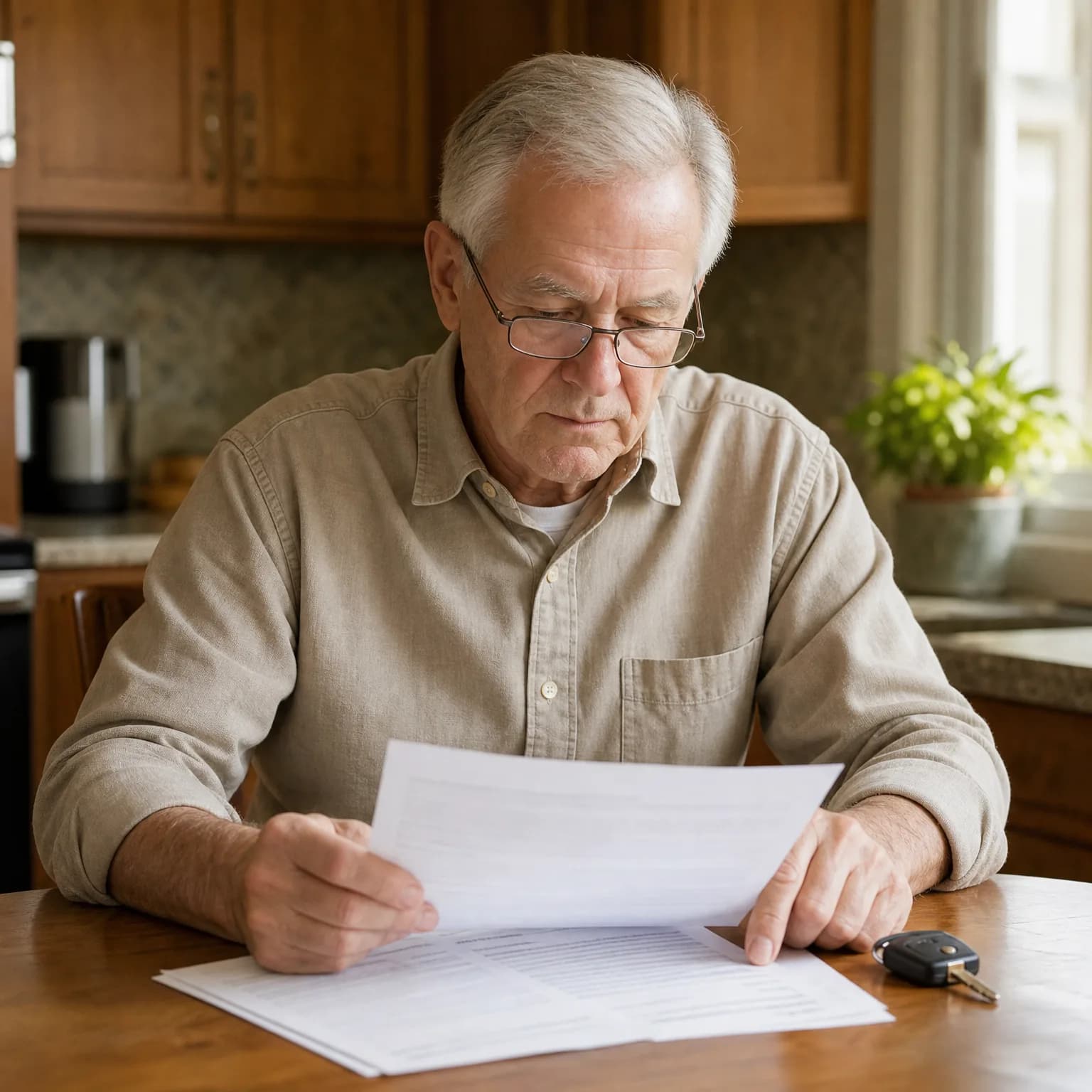 An older man with glasses and a beige shirt sits at a wooden kitchen table reading a printed document, with more papers and a car key fob on the table.