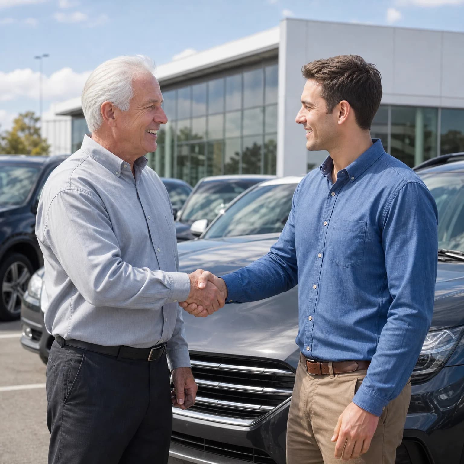 Two men shake hands in front of a row of parked cars outside a glass-fronted building, one older in a gray shirt and one younger in a blue shirt and khaki pants.