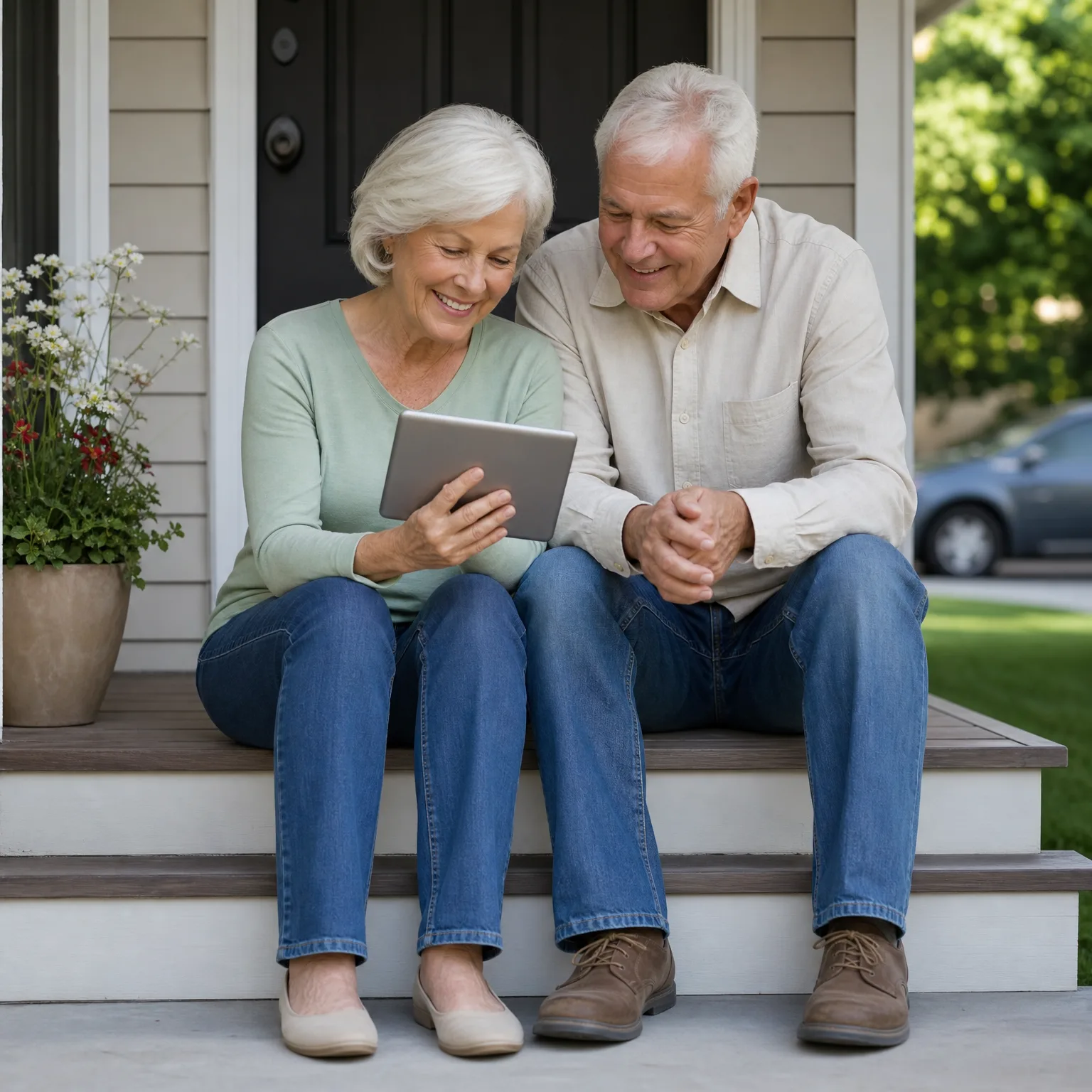 An older woman and man sit together on the front steps of a house, both looking at a tablet she is holding, with potted flowers and greenery nearby.