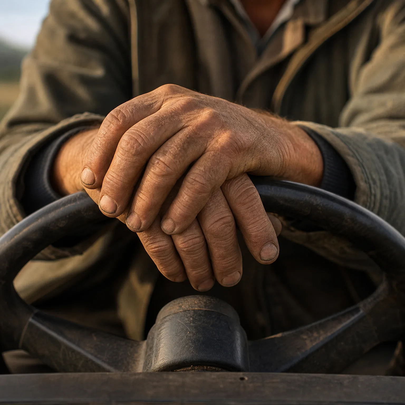 Close-up of a person's weathered, crossed hands resting on the worn rim of a dark steering wheel, with a jacket and blurred open field in the background.