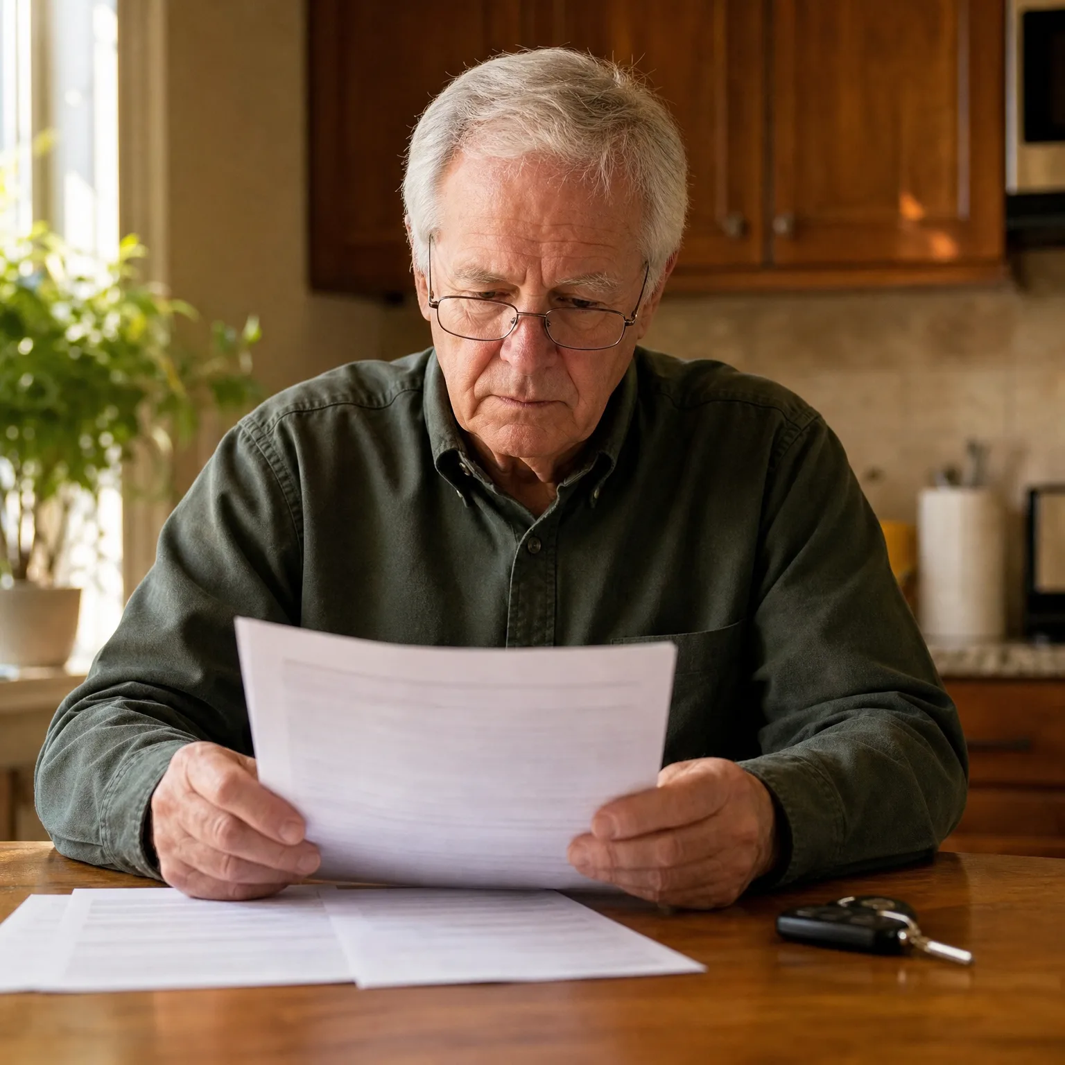 An older man in a dark green shirt and glasses sits at a wooden table in a kitchen, reading printed documents, with more papers and a car key fob on the table.