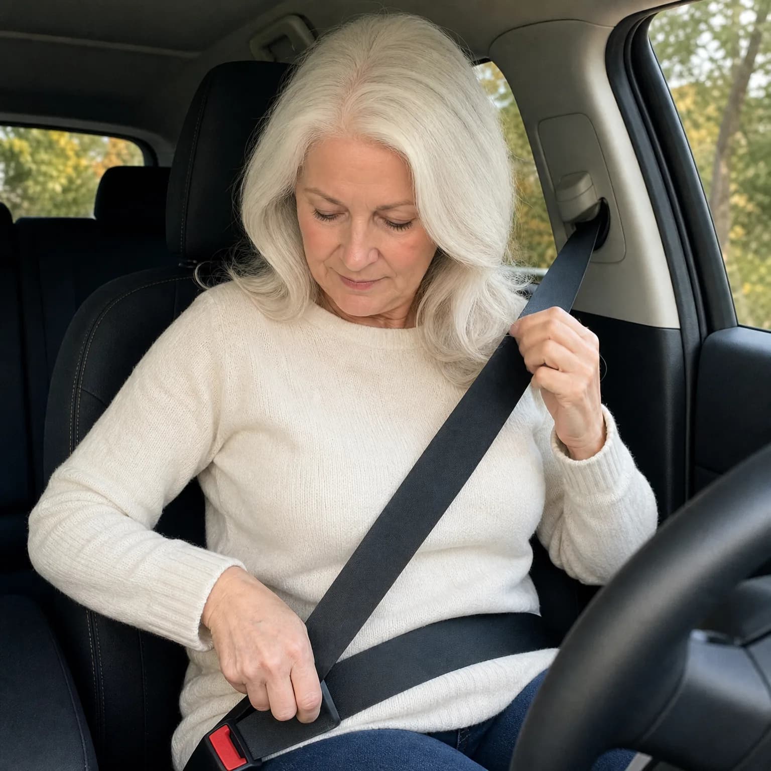 An older woman with white hair in a cream sweater sits in a car's driver seat, pulling the seat belt across her body toward the buckle, with trees visible through the windows.