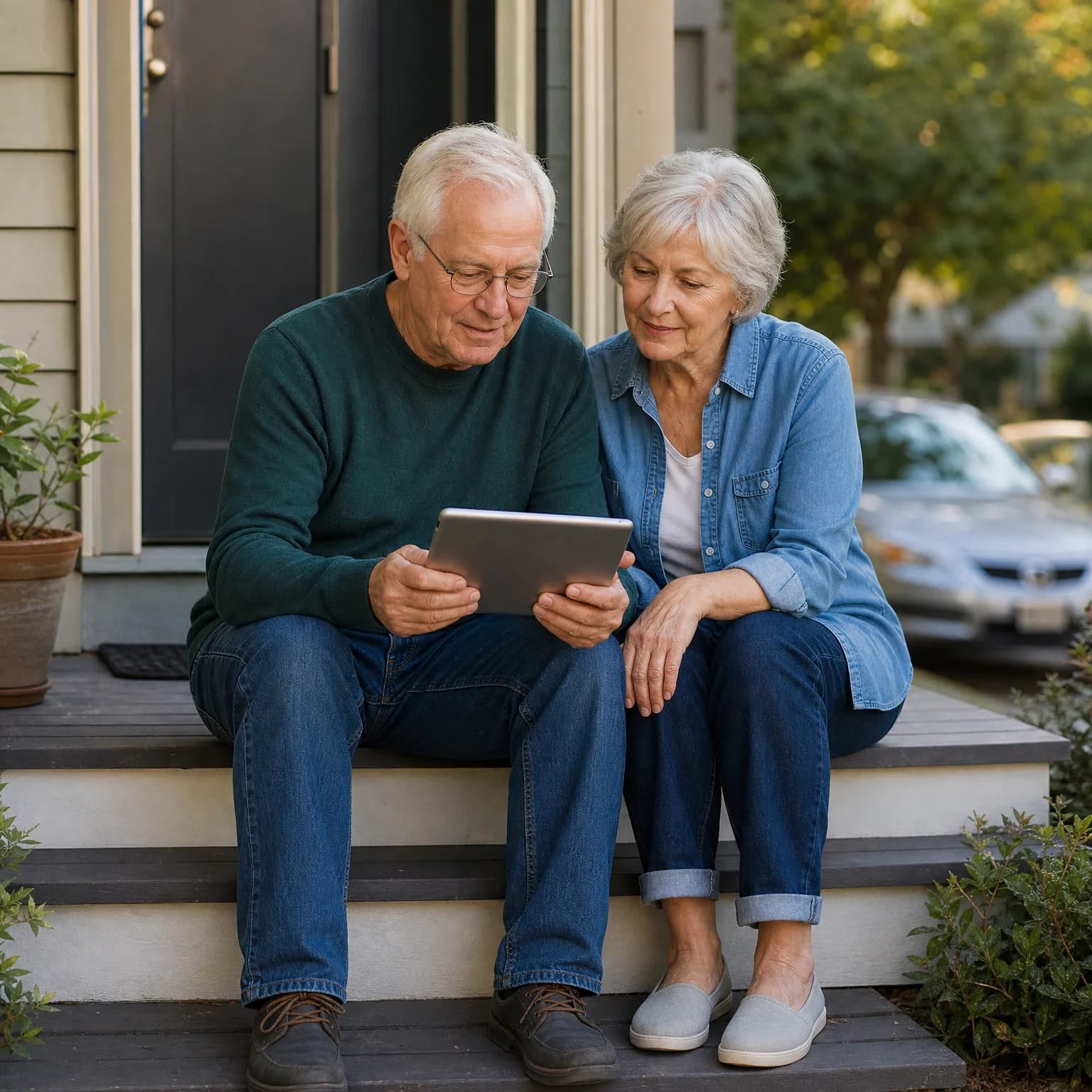 An older man in a dark green sweater and an older woman in a denim shirt sit side by side on front porch steps looking at a tablet, with a dark front door and a parked car in the background.