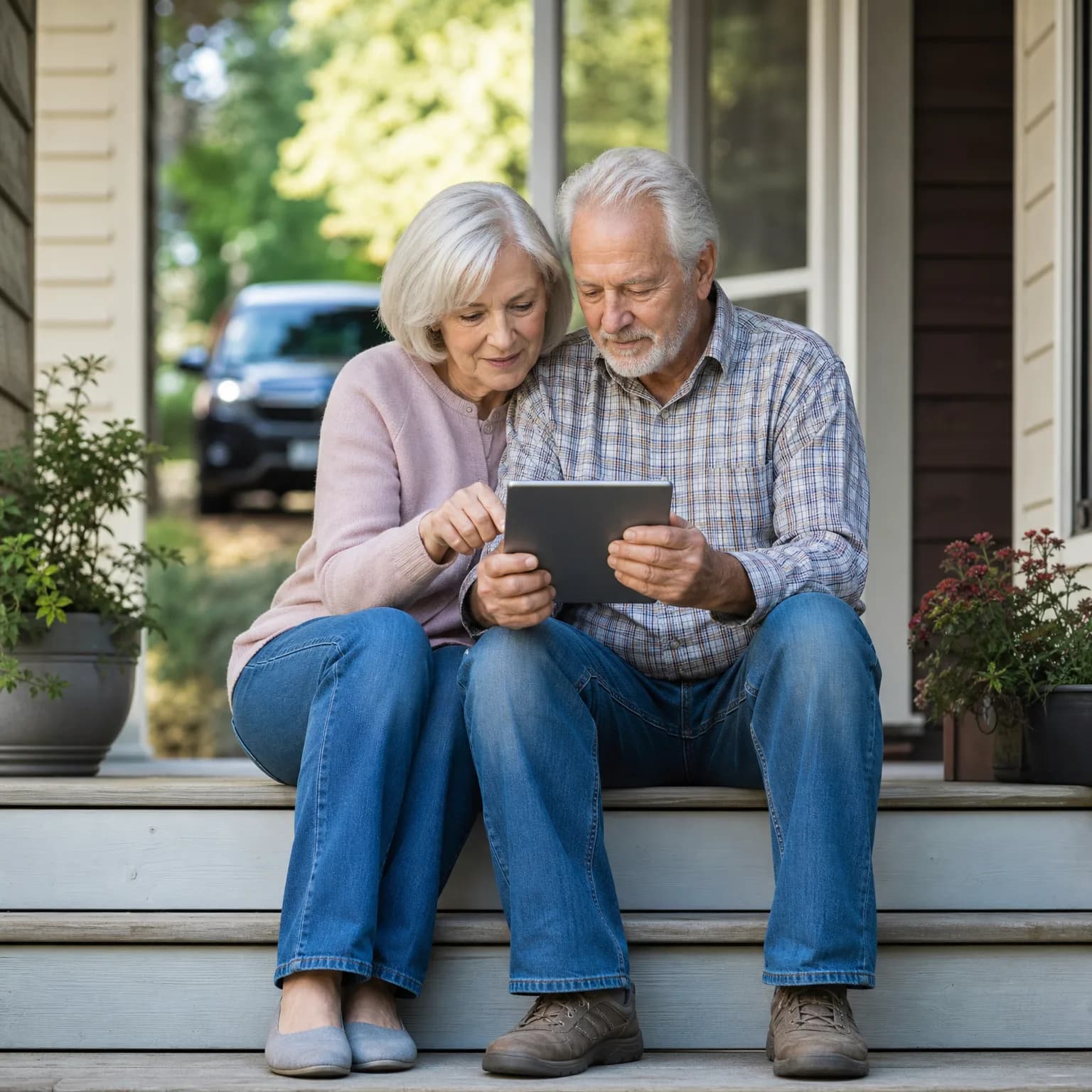 An older woman and man sit together on wooden porch steps of a house, looking at a tablet, with potted plants beside them and a dark car parked in the background.