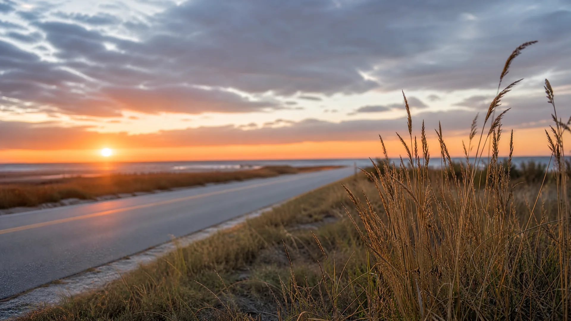 A two-lane paved road runs beside dry coastal grasses toward the sea at sunrise or sunset, with the sun low on the horizon under a cloud-streaked orange and gray sky.