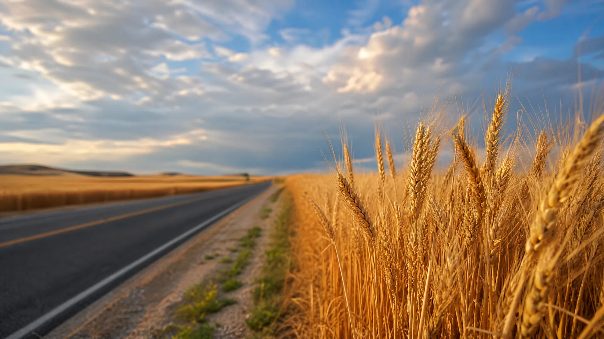 A two-lane asphalt road with a yellow center line runs through flat farmland, with ripe golden wheat in sharp focus along the right shoulder under a partly cloudy sky.