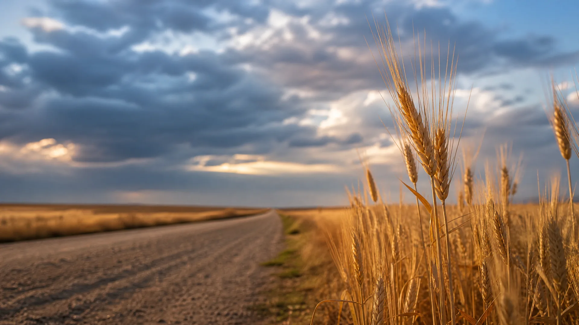 A dirt road curving through flat farmland under a cloudy sky, with golden wheat heads in sharp focus in the right foreground.