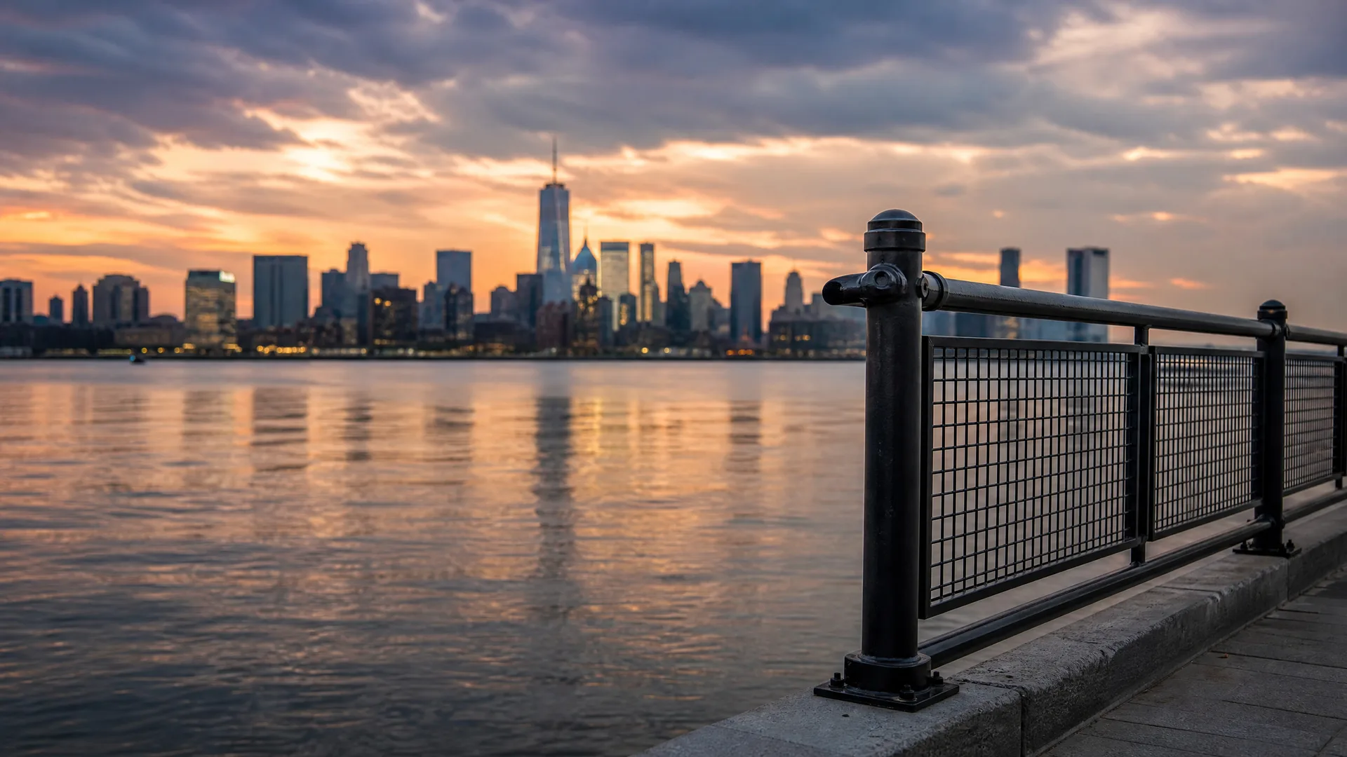 A city skyline of high-rise towers across calm water at sunset, viewed from a concrete waterfront walkway with a dark metal mesh railing in the foreground.