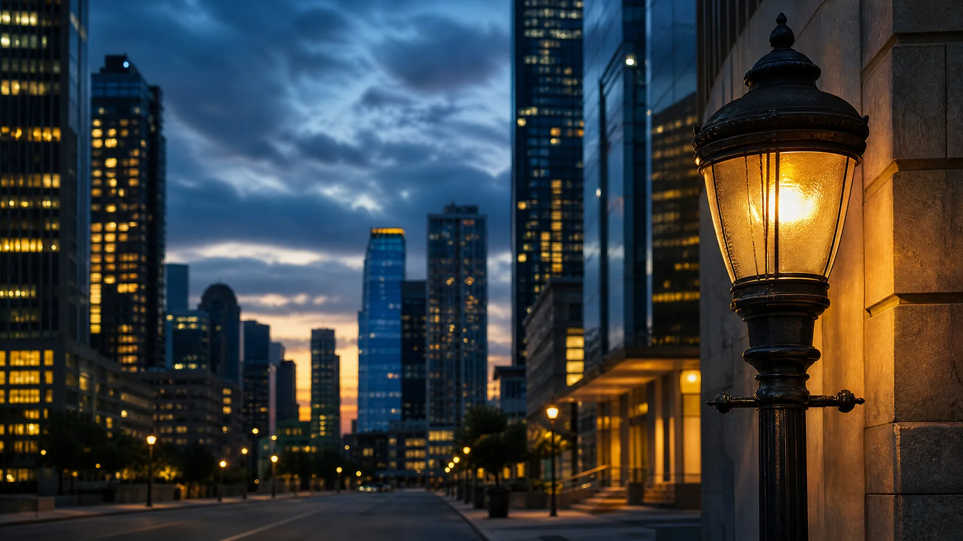 A lit ornate street lamp mounted on a stone building wall in the foreground, with a blurred city skyline of illuminated high-rise buildings and an empty street at dusk behind it.