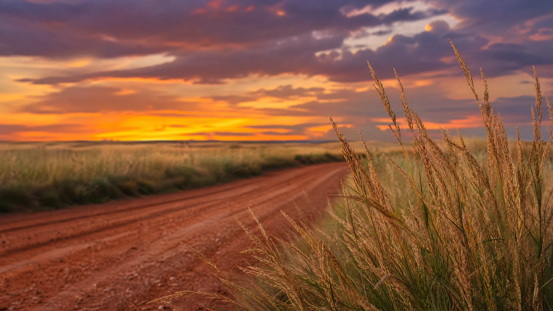 A red dirt road curving through flat grassland, with tall seed-headed grasses in sharp focus at right and an orange and purple cloudy sky at sunset.
