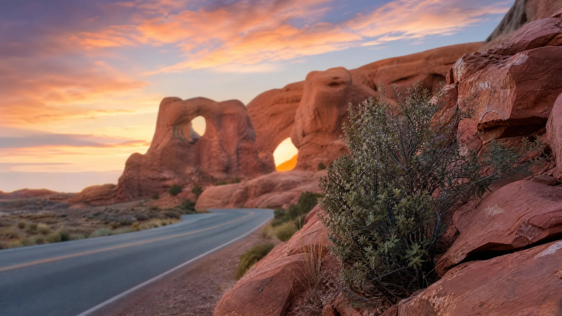 A two-lane road curves past red sandstone formations with two natural arch openings at sunset, with desert shrubs and rocks in the foreground.