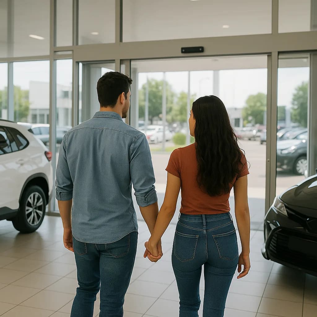 Couple holding hands walking through car dealership showroom toward exit doors