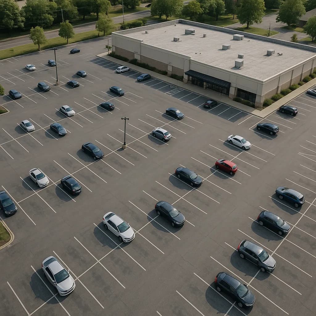 Aerial view of a commercial parking lot with scattered cars in front of a single-story building